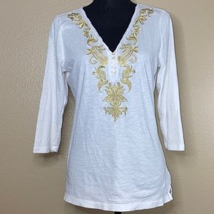 Lauren Ralph Lauren V-Neck Gold Paisley Embroidered Size Medium
